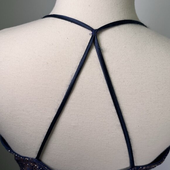 Vintage Y2K Jump Large Blue Gold Glitter Slouch Chest Cowl Halter Dress Gatsby - Picture 6 of 8